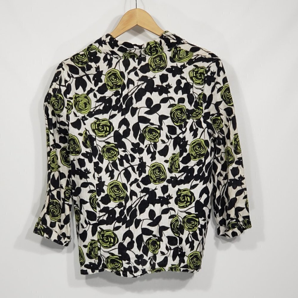 Saint Tropez West Linen Blouse Women's Size XL Floral Pattern Black & Green - Picture 3 of 4